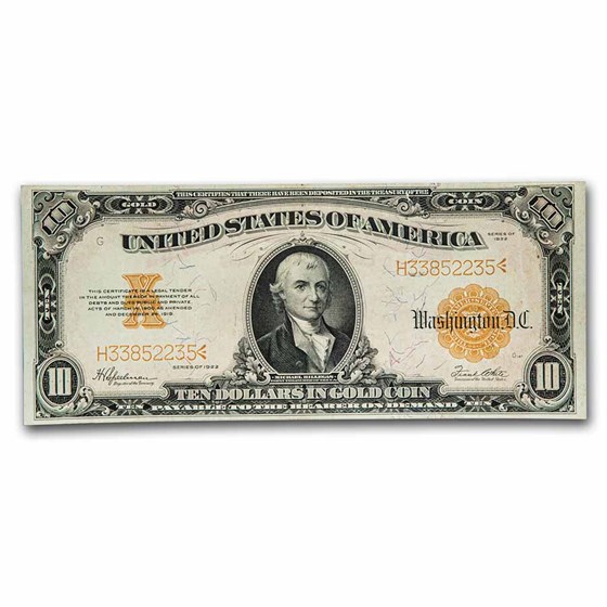 1922 $10 Gold Certificate Hillegas Choice AU (Fr#1173) 1922 $10 Gold Certificate Hillegas Choice AU (Fr#1173)