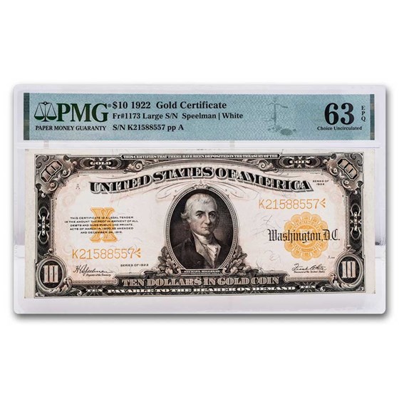 1922 $10 Gold Certificate Hillegas Choice CU-63 EPQ PMG (Fr#1173) 1922 $10 Gold Certificate Hillegas Choice CU-63 EPQ PMG (Fr#1173)