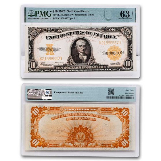 1922 $10 Gold Certificate Hillegas Choice CU-63 EPQ PMG (Fr#1173) 1922 $10 Gold Certificate Hillegas Choice CU-63 EPQ PMG (Fr#1173)