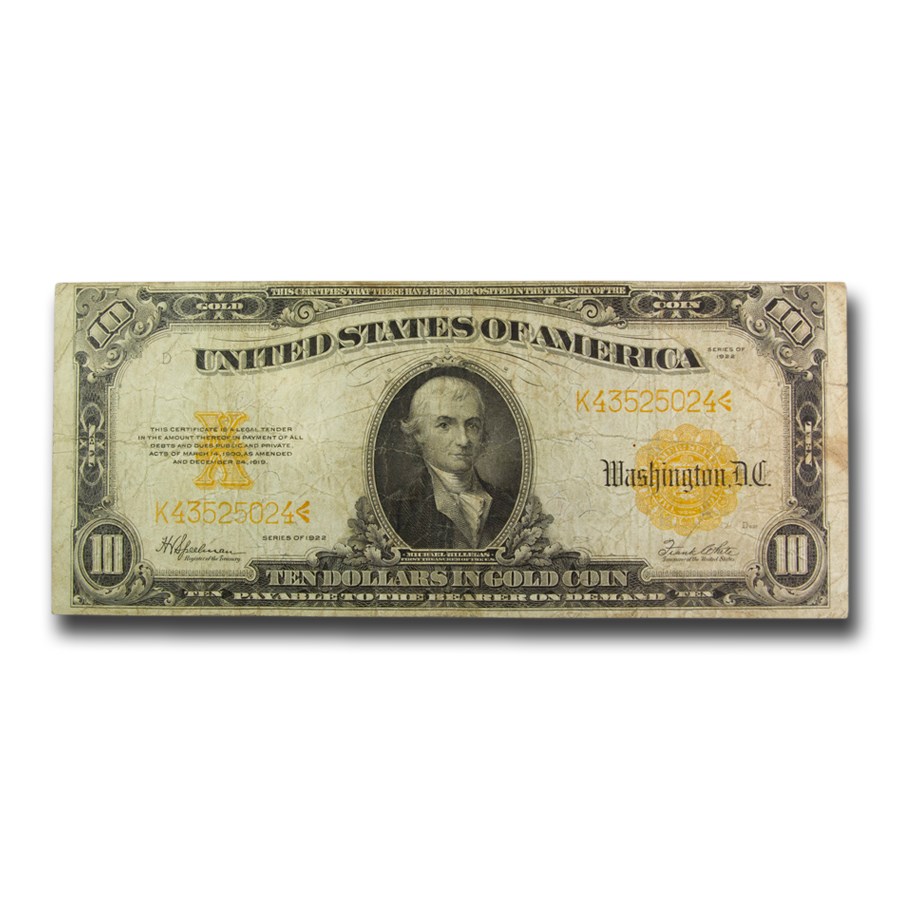 1922 $10 Gold Certificate Hillegas Fine (Fr#1173)