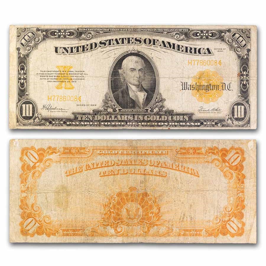 1922 $10 Gold Certificate Hillegas Fine (Fr#1173A) Small Serial#
