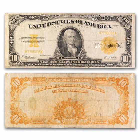 1922 $10 Gold Certificate Hillegas Fine (Fr#1173A) Small Serial# 1922 $10 Gold Certificate Hillegas Fine (Fr#1173A) Small Serial#