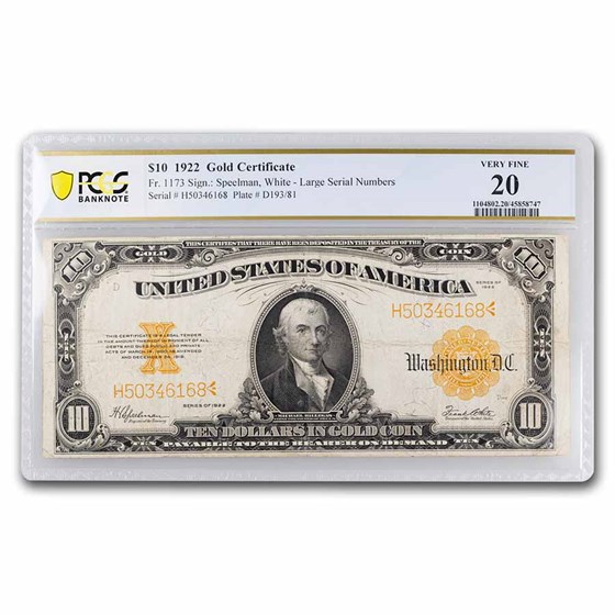 1922 $10 Gold Certificate Hillegas VF-20 PCGS (Fr#1173) 1922 $10 Gold Certificate Hillegas VF-20 PCGS (Fr#1173)