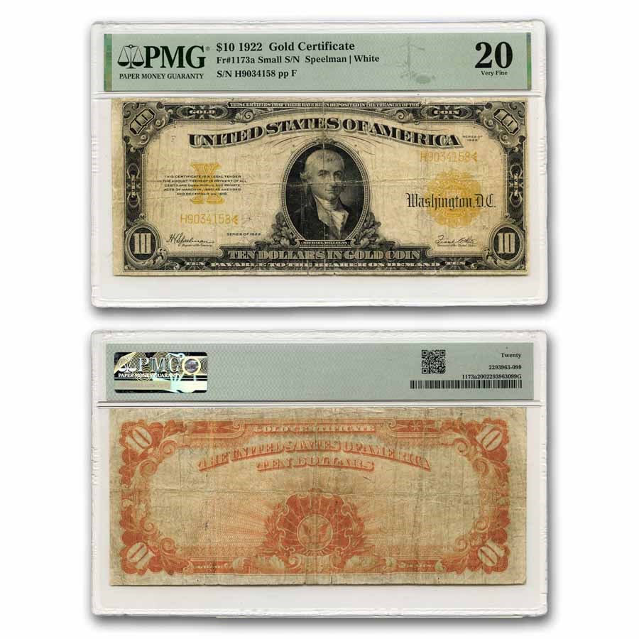 1922 $10 Gold Certificate Hillegas VF-20 PMG (Fr#1173a) Small S/N