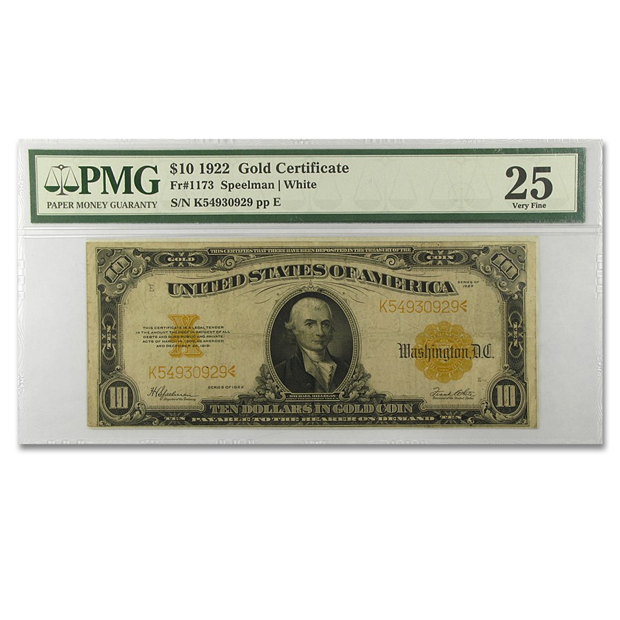 1922 $10 Gold Certificate Hillegas VF-25 PMG (Fr#1173)