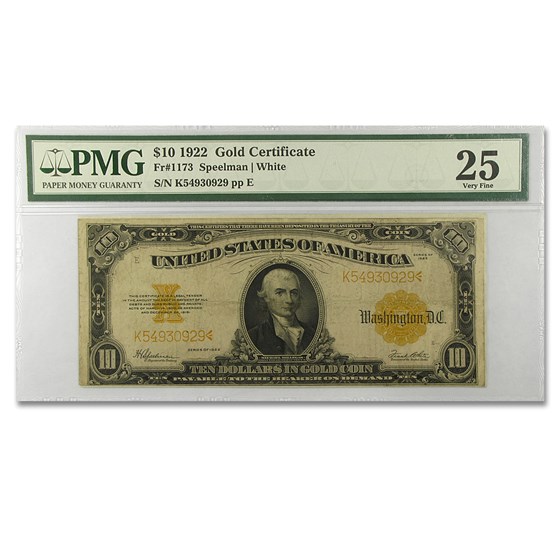 1922 $10 Gold Certificate Hillegas VF-25 PMG (Fr#1173) 1922 $10 Gold Certificate Hillegas VF-25 PMG (Fr#1173)