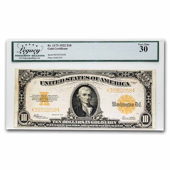 1922 $10 Gold Certificate Hillegas VF-30 Legacy (Fr#1173) 1922 $10 Gold Certificate Hillegas VF-30 Legacy (Fr#1173)