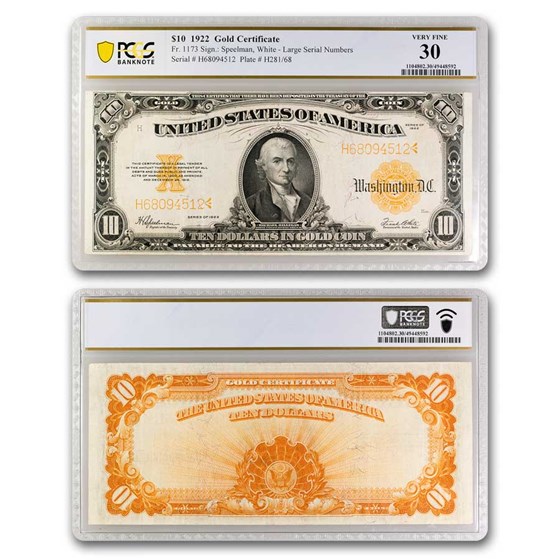 1922 $10 Gold Certificate Hillegas VF-30 PCGS (Fr#1173)