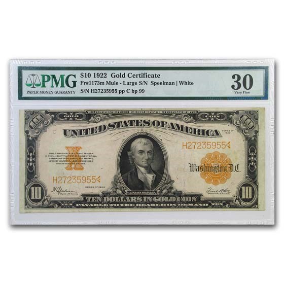 1922 $10 Gold Certificate Hillegas VF-30 PMG (Fr#1173)