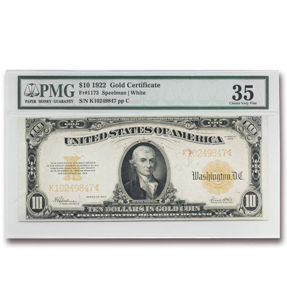 1922 $10 Gold Certificate Hillegas VF-35 PMG (Fr#1173) 1922 $10 Gold Certificate Hillegas VF-35 PMG (Fr#1173)