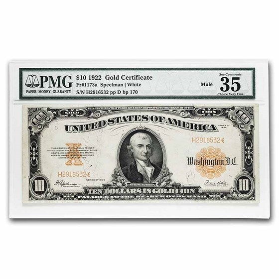 1922 $10 Gold Certificate Hillegas VF-35 PMG (Fr#1173a) Mule 1922 $10 Gold Certificate Hillegas VF-35 PMG (Fr#1173a) Mule