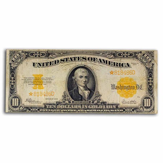 1922* $10 Gold Certificate Hillegas VF (Fr#1173*) Star Note 1922* $10 Gold Certificate Hillegas VF (Fr#1173*) Star Note