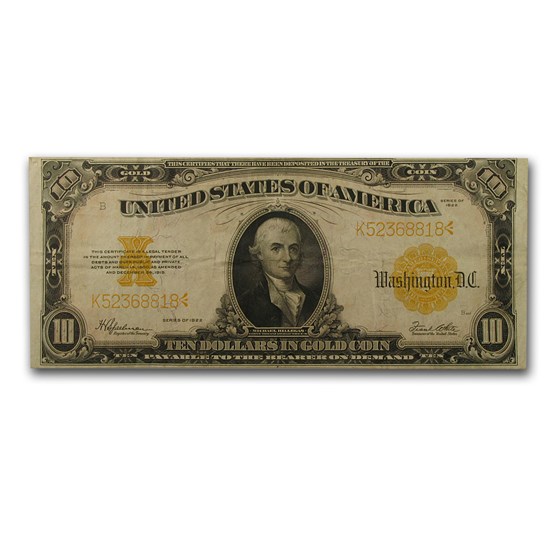 1922 $10 Gold Certificate Hillegas VF (Fr#1173)
