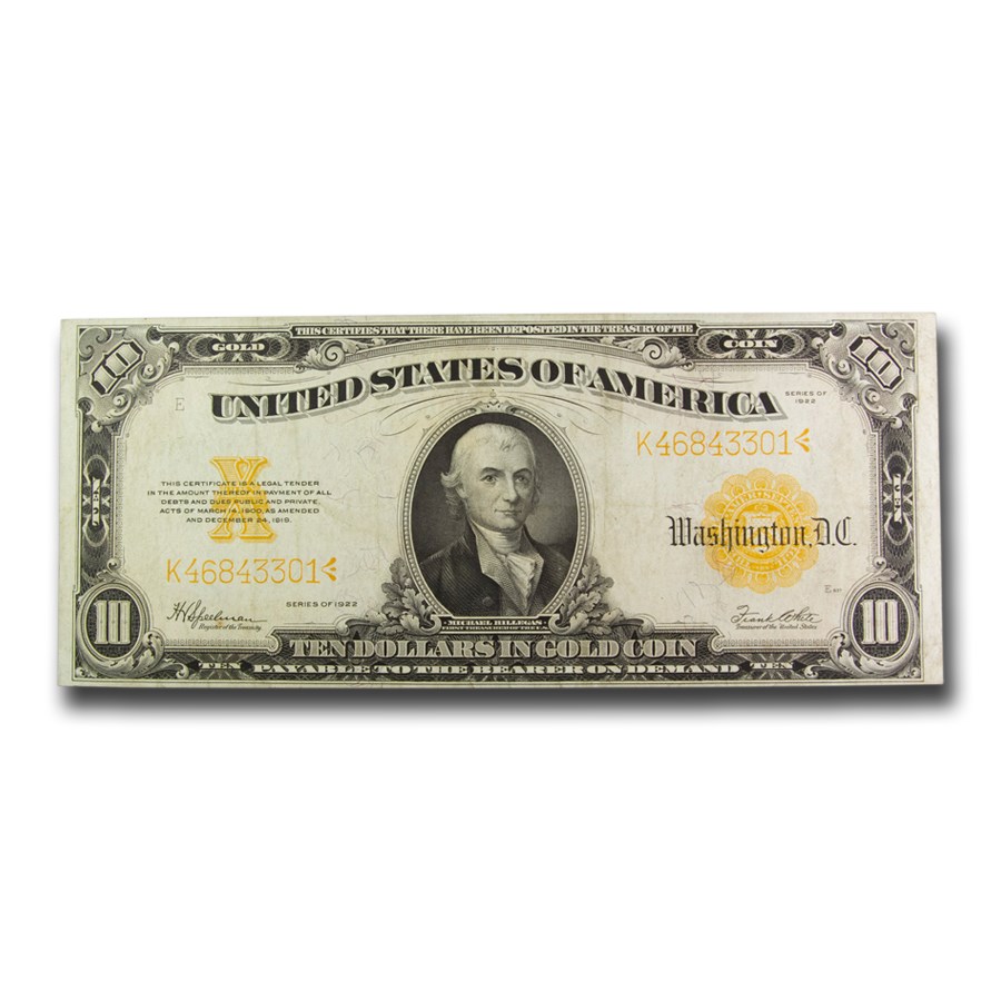 1922 $10 Gold Certificate Hillegas VF+ (Fr#1173)