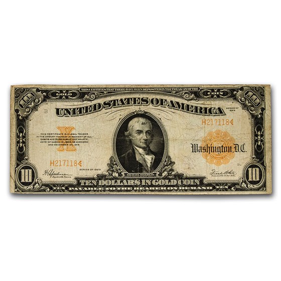 1922 $10 Gold Certificate Hillegas VF (Fr#1173A) Small Serial#
