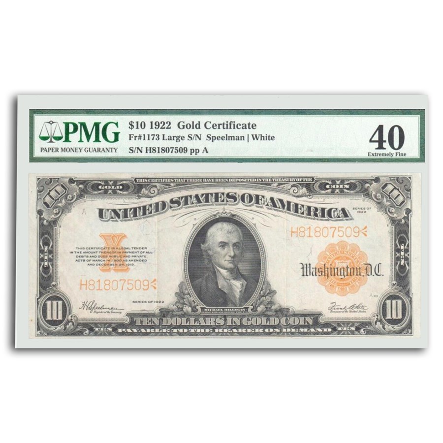 1922 $10 Gold Certificate Hillegas XF-40 PMG (Fr#1173)