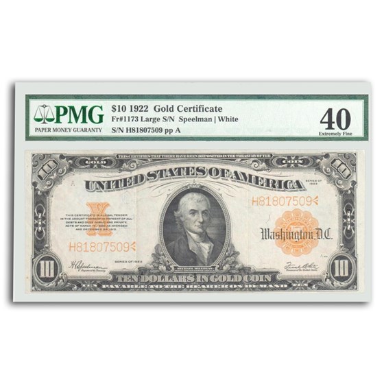 1922 $10 Gold Certificate Hillegas XF-40 PMG (Fr#1173) 1922 $10 Gold Certificate Hillegas XF-40 PMG (Fr#1173)