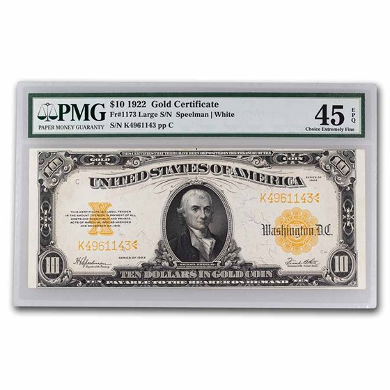 1922 $10 Gold Certificate Hillegas XF-45 EPQ PMG (Fr#1173) 1922 $10 Gold Certificate Hillegas XF-45 EPQ PMG (Fr#1173)