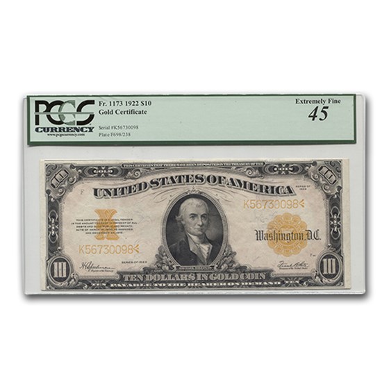1922 $10 Gold Certificate Hillegas XF-45 PCGS 1922 $10 Gold Certificate Hillegas XF-45 PCGS