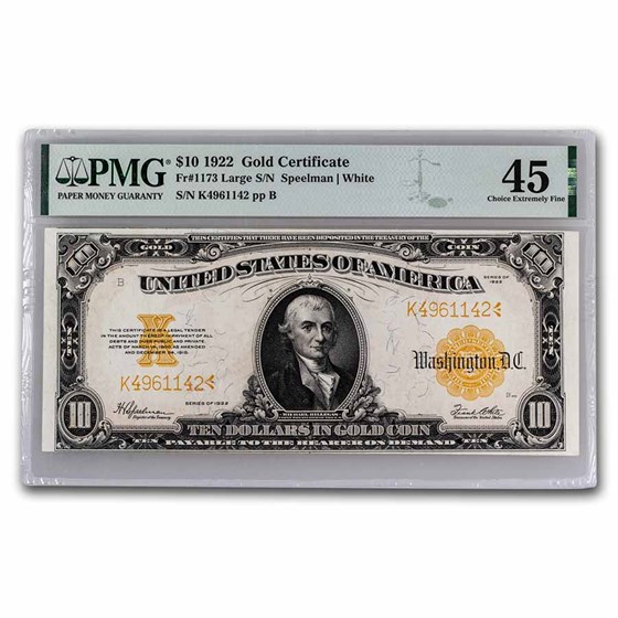 1922 $10 Gold Certificate Hillegas XF-45 PMG (Fr#1173) 1922 $10 Gold Certificate Hillegas XF-45 PMG (Fr#1173)