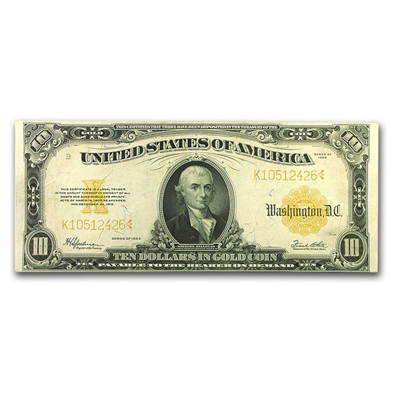 1922 $10 Gold Certificate Hillegas XF 1922 $10 Gold Certificate Hillegas XF