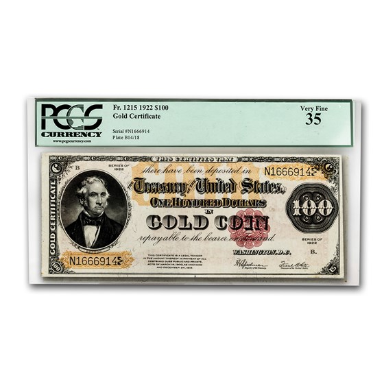 1922 $100 Gold Certificate VF-35 PCGS (Fr#1215)
