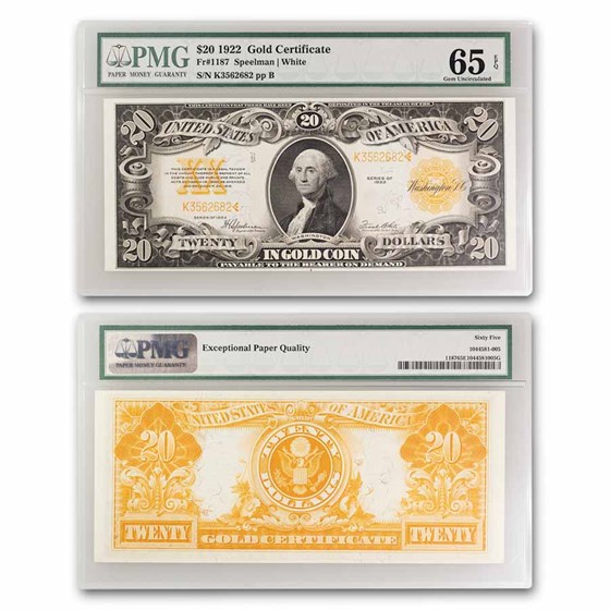 1922 $20 Gold Certificate CU-65 EPQ PMG (Fr#1187) 1922 $20 Gold Certificate CU-65 EPQ PMG (Fr#1187)