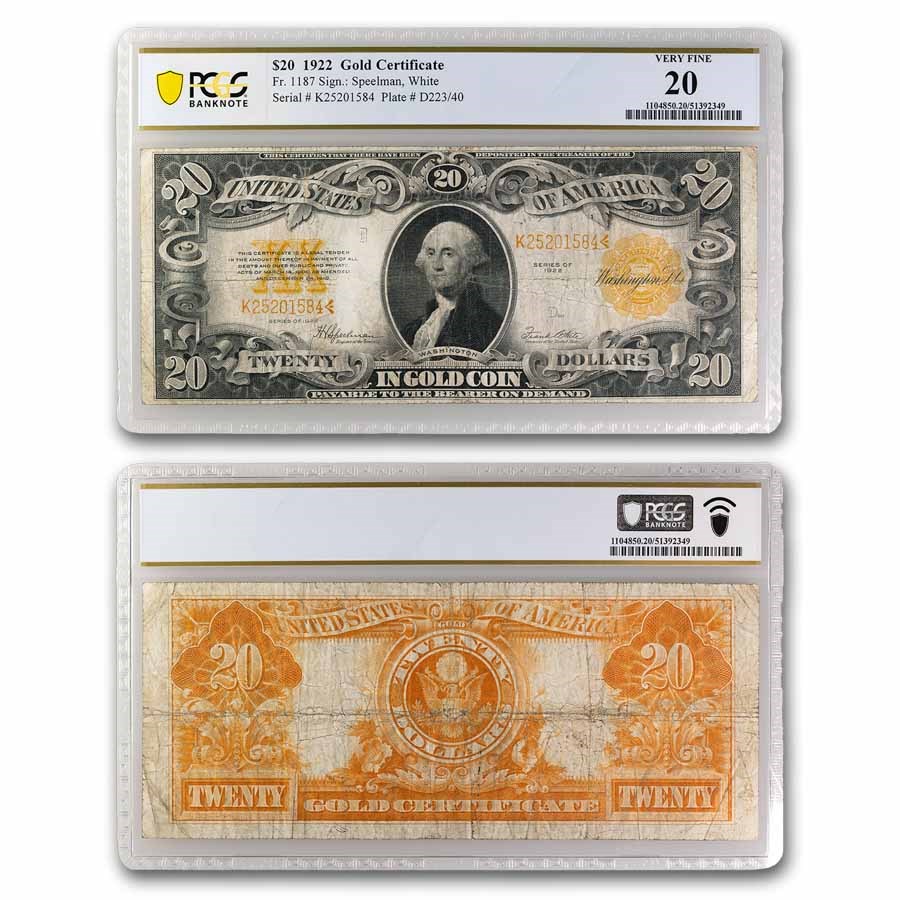 Buy 1922 $20 Gold Certificate VF 20 PCGS (Fr#1187) APMEX Buy 1922 $20 Gold Certificate VF 20 PCGS (Fr#1187) APMEX