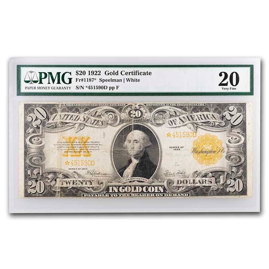 Buy 1922* $20 Gold Certificate VF 20 PMG (Fr#1187* STAR) APMEX Buy 1922* $20 Gold Certificate VF 20 PMG (Fr#1187* STAR) APMEX
