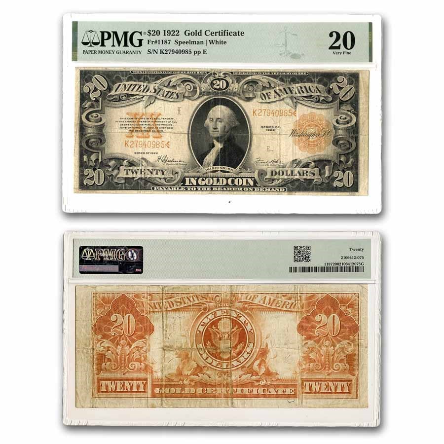 1922 $20 Gold Certificate VF-20 PMG (Fr#1187)