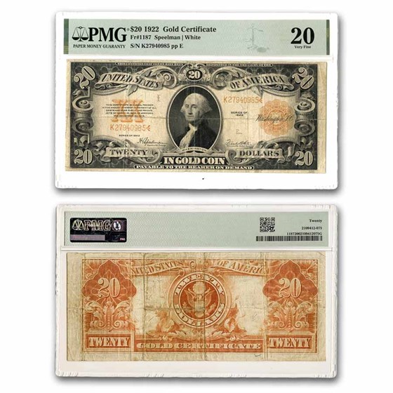 1922 $20 Gold Certificate VF-20 PMG (Fr#1187) 1922 $20 Gold Certificate VF-20 PMG (Fr#1187)