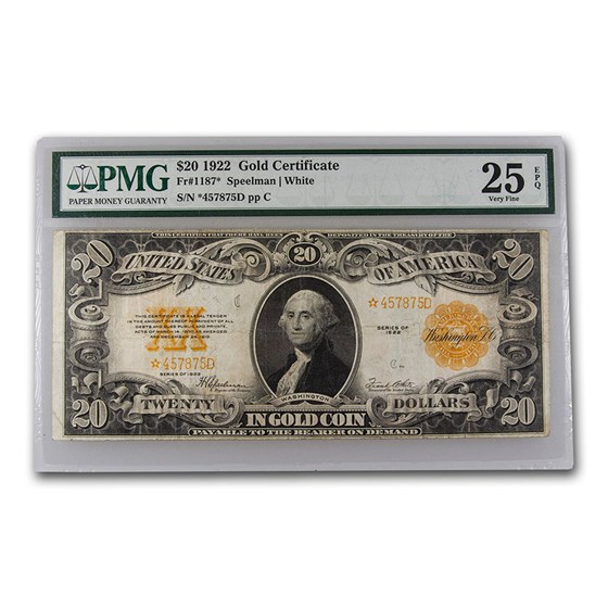 1922* $20 Gold Certificate VF-25 EPQ PMG (Fr#1187*) Star Note