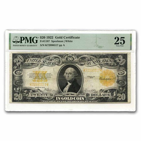 Buy 1922 $20 Gold Certificate VF-25 PMG | APMEX
