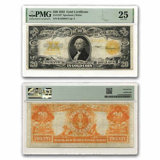 1922 $20 Gold Certificate VF-25 PMG (Fr#1187) 1922 $20 Gold Certificate VF-25 PMG (Fr#1187)