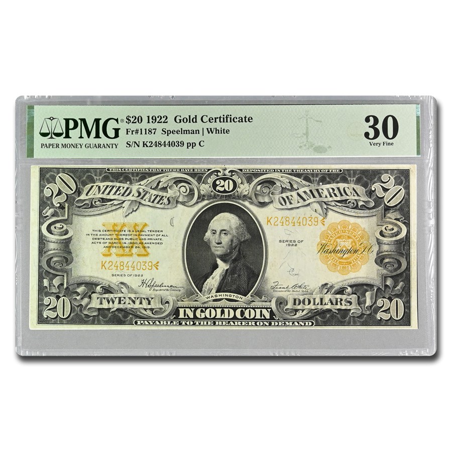 1922 $20 Gold Certificate VF-30 PMG (Fr#1187)