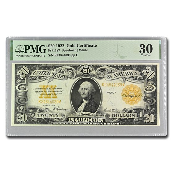 1922 $20 Gold Certificate VF-30 PMG (Fr#1187) 1922 $20 Gold Certificate VF-30 PMG (Fr#1187)