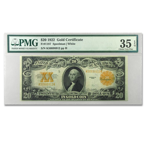 1922 $20 Gold Certificate VF-35 PMG (EPQ) 1922 $20 Gold Certificate VF-35 PMG (EPQ)