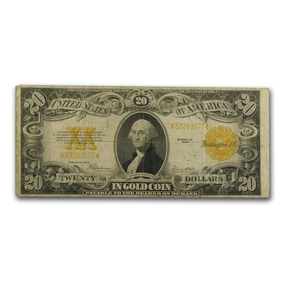 Buy 1922 $20 Gold Certificate VG FR#1187 APMEX Buy 1922 $20 Gold Certificate VG FR#1187 APMEX