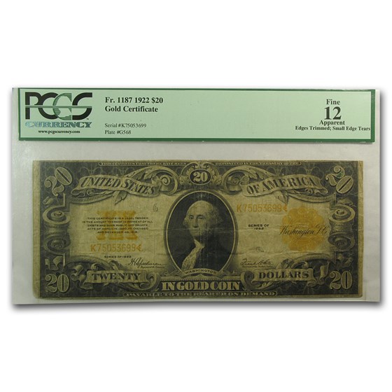 1922 $20 Gold Certificate Washington Fine-12 PCGS 1922 $20 Gold Certificate Washington Fine-12 PCGS