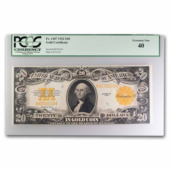 1922 $20 Gold Certificate XF 40 PCGS (Fr#1187) 1922 $20 Gold Certificate XF 40 PCGS (Fr#1187)
