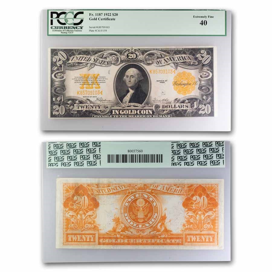 1922 $20 Gold Certificate XF 40 PCGS (Fr#1187) 1922 $20 Gold Certificate XF 40 PCGS (Fr#1187)