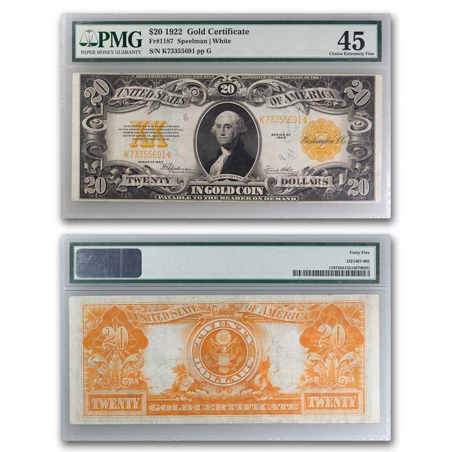 Buy 1922 $20 Gold Certificate XF 45 PMG APMEX Buy 1922 $20 Gold Certificate XF 45 PMG APMEX