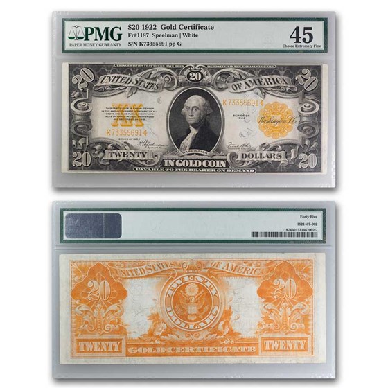 1922 $20 Gold Certificate XF-45 PMG 1922 $20 Gold Certificate XF-45 PMG