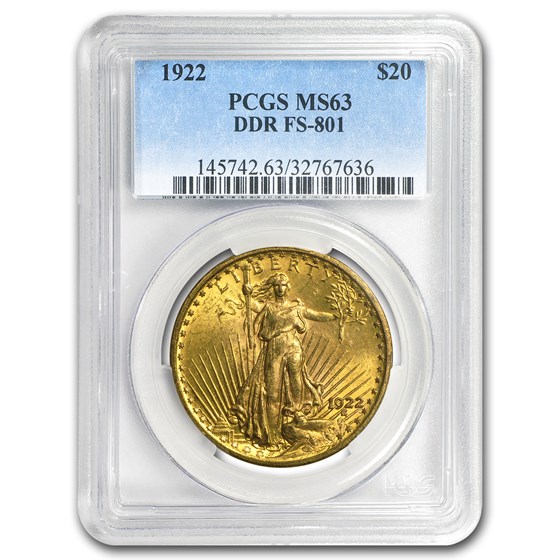 1922 $20 Saint-Gaudens Gold Double Eagle MS-63 PCGS (DDR FS-801) 1922 $20 Saint-Gaudens Gold Double Eagle MS-63 PCGS (DDR FS-801)
