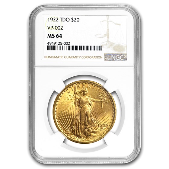 1922 $20 Saint-Gaudens Gold Double Eagle MS-64 NGC (TDO VP-002) 1922 $20 Saint-Gaudens Gold Double Eagle MS-64 NGC (TDO VP-002)