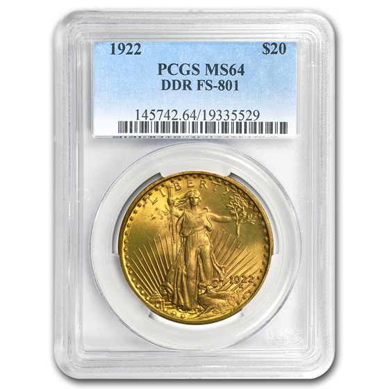 1922 $20 Saint-Gaudens Gold Double Eagle MS-64 PCGS (DDR FS-801) 1922 $20 Saint-Gaudens Gold Double Eagle MS-64 PCGS (DDR FS-801)