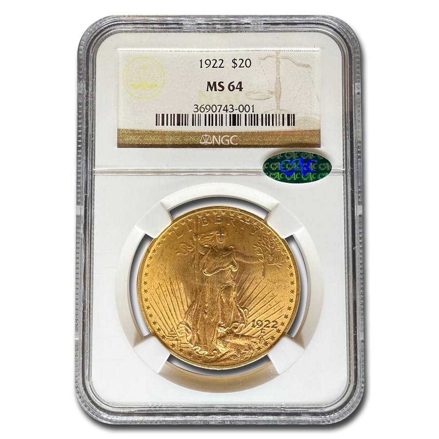 1922 $20 St Gaudens Gold Double Eagle MS-64 NGC CAC