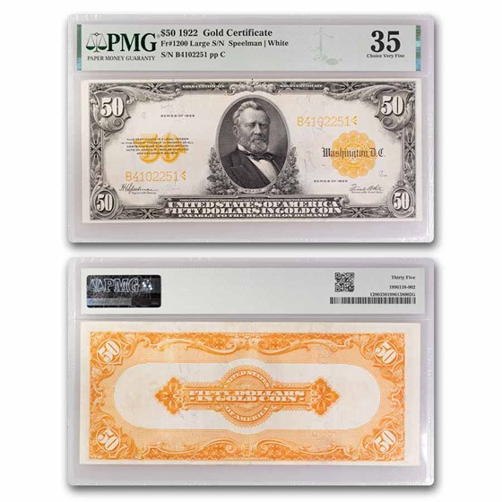 1922 $50 Gold Certificate VF-35 PMG (Fr#1200) 1922 $50 Gold Certificate VF-35 PMG (Fr#1200)