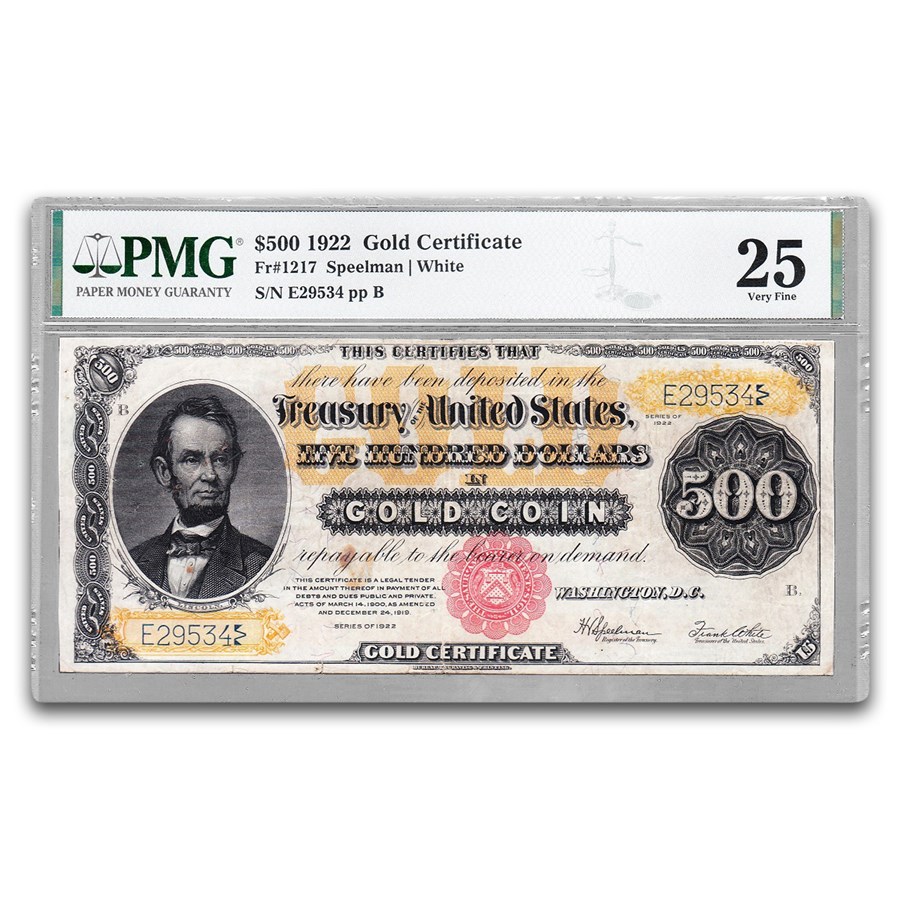 1922 $500 Gold Certificate VF-25 PMG (Fr#1217, Rust/Repair)