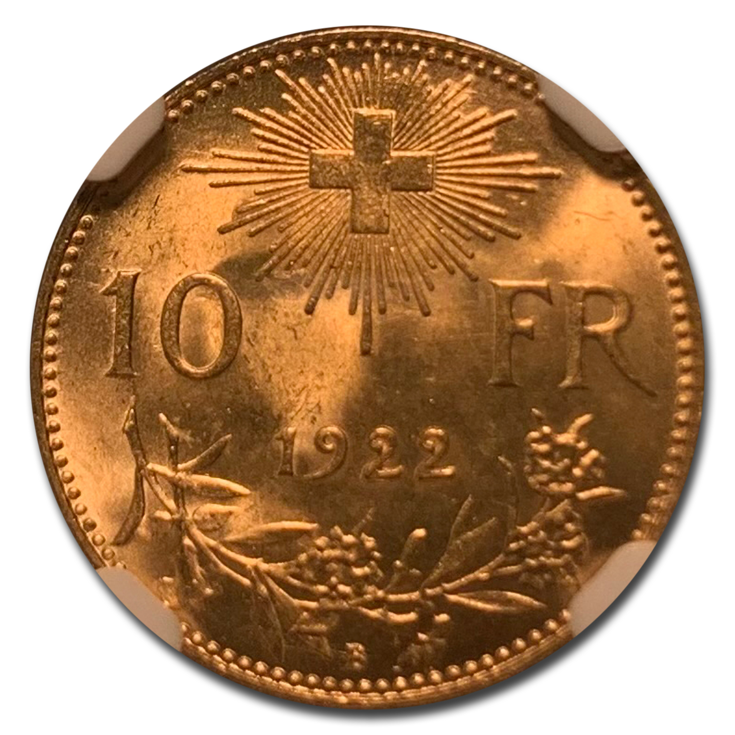 1922-B Swiss Gold 10 Francs Helvetia MS-64 NGC